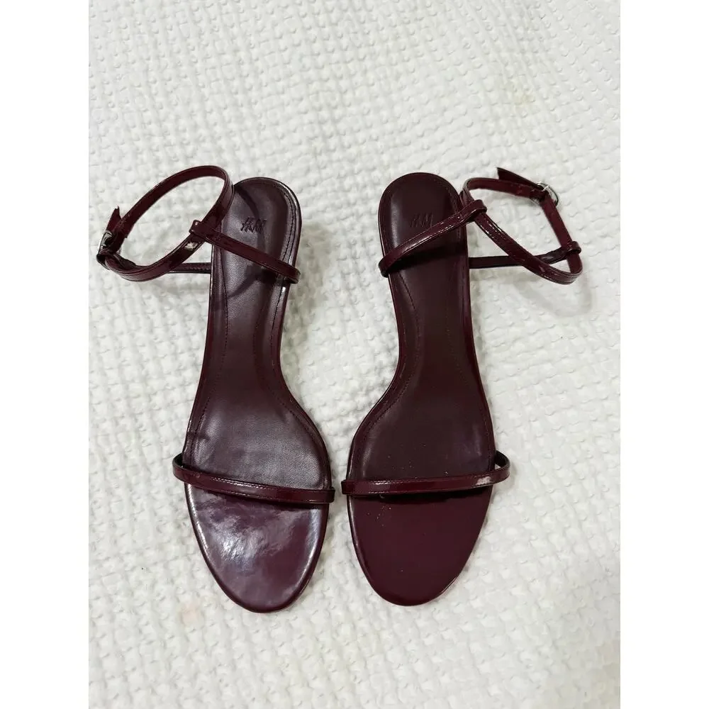 H&M Burgundy Patent Strappy Kitten Heel Sandals Size 38